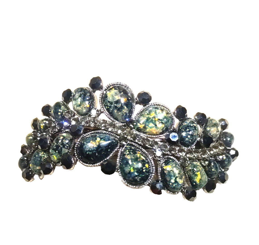 Cara Regency Style Heavy Barrette Tension Clip Gray Black Silver Metal Large